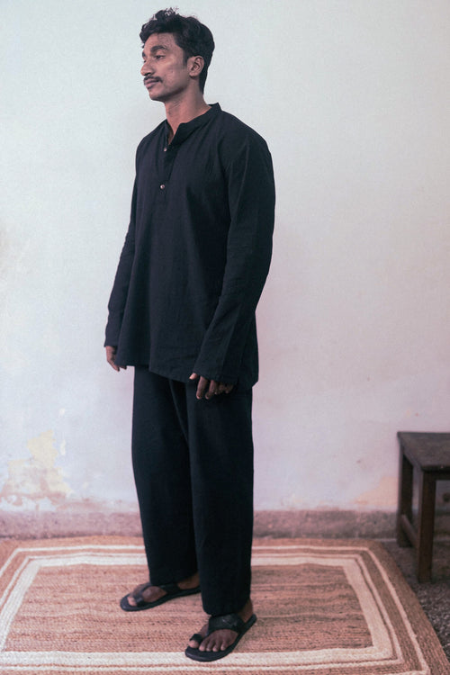 Black Cotton Kurta at Kamakhyaa by Deeta Clothing. This item is Black, Casual Wear, For Anniversary, Handwoven Cotton, Kurtas, Lines, Menswear, Natural with azo dyes, Relaxed Fit, Shibui AW22, Tops