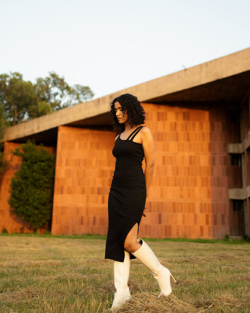 Black Cotton Midi Dress at Kamakhyaa by Meko Studio. This item is Black, Cotton, Evening Wear, July Sale, July Sale 2023, Midi Dresses, Sleeveless Dresses, Slim Fit, Solids, Strap Dresses, Tranquil AW-22/23, Womenswear