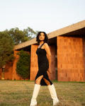 Black Cotton Midi Dress at Kamakhyaa by Meko Studio. This item is Black, Cotton, Evening Wear, July Sale, July Sale 2023, Midi Dresses, Sleeveless Dresses, Slim Fit, Solids, Strap Dresses, Tranquil AW-22/23, Womenswear