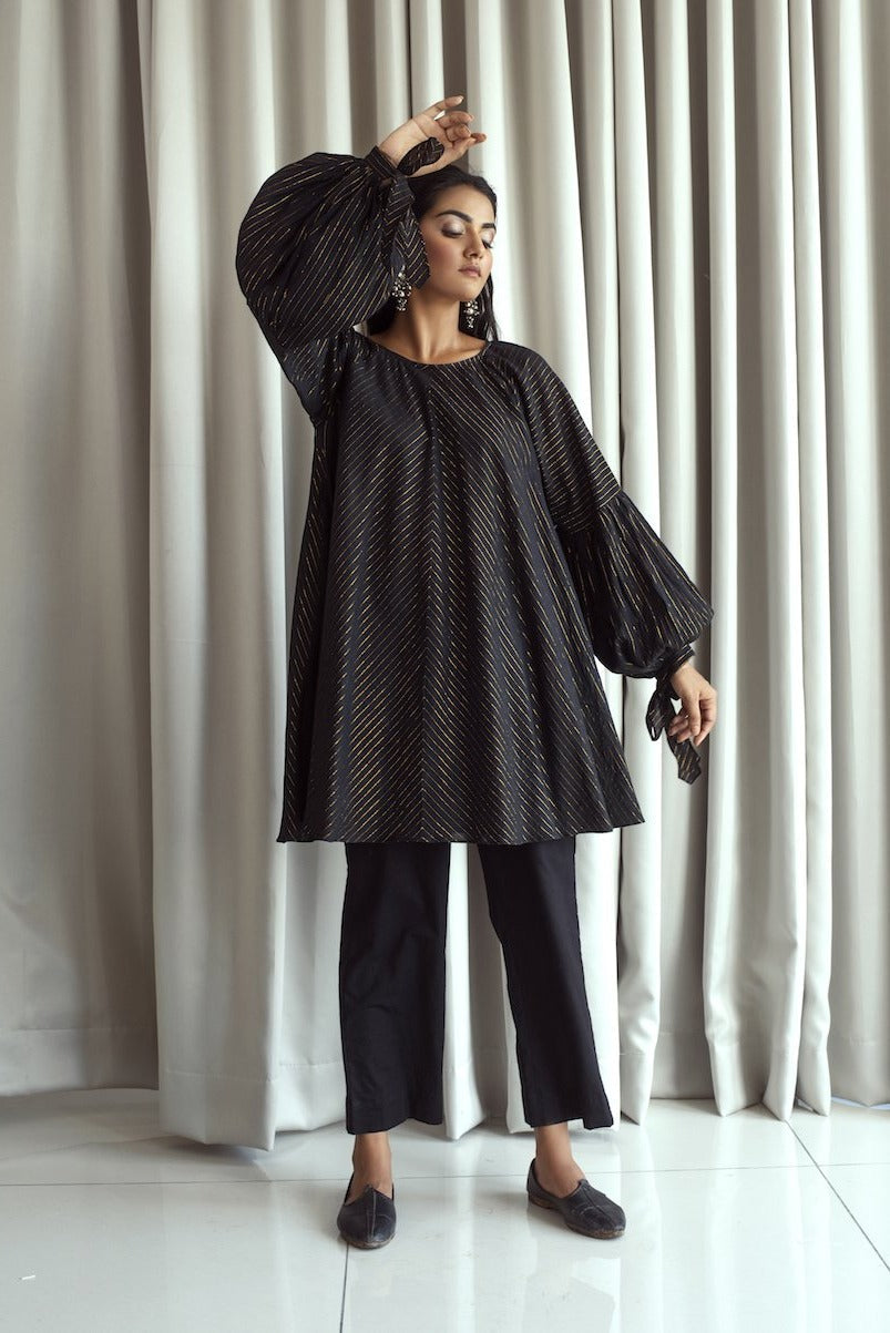 Black Cotton Mini Dress With Zari at Kamakhyaa by Taro. This item is Bahaar Taro, Black, Duplicate, Evening Wear, Handwoven Cotton, July Sale, July Sale 2023, Less than $50, Mini Dresses, Natural, Relaxed Fit, Textured, Womenswear
