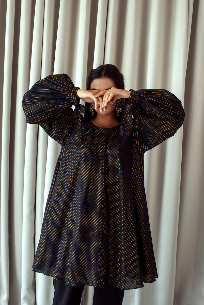 Black Cotton Mini Dress With Zari at Kamakhyaa by Taro. This item is Bahaar Taro, Black, Duplicate, Evening Wear, Handwoven Cotton, July Sale, July Sale 2023, Less than $50, Mini Dresses, Natural, Relaxed Fit, Textured, Womenswear