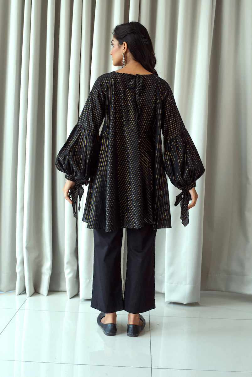 Black Cotton Mini Dress With Zari at Kamakhyaa by Taro. This item is Bahaar Taro, Black, Duplicate, Evening Wear, Handwoven Cotton, July Sale, July Sale 2023, Less than $50, Mini Dresses, Natural, Relaxed Fit, Textured, Womenswear