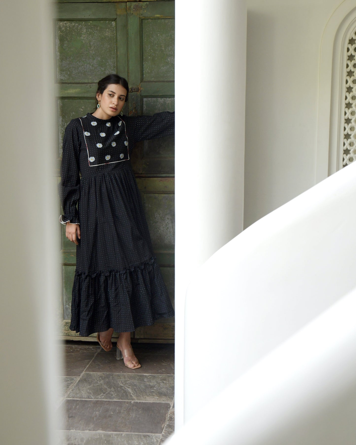 Black Cotton Tiered Maxi Dress at Kamakhyaa by Taro. This item is Best Selling, Black, Duplicate, Evening Wear, FB ADS JUNE, For Anniversary, Handwoven Cotton, July Sale, July Sale 2023, Natural, Prints, Regular Fit, Tiered Dresses, Wildflower Taro, Womenswear
