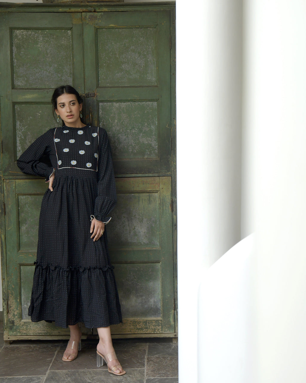 Black Cotton Tiered Maxi Dress at Kamakhyaa by Taro. This item is Best Selling, Black, Duplicate, Evening Wear, FB ADS JUNE, For Anniversary, Handwoven Cotton, July Sale, July Sale 2023, Natural, Prints, Regular Fit, Tiered Dresses, Wildflower Taro, Womenswear