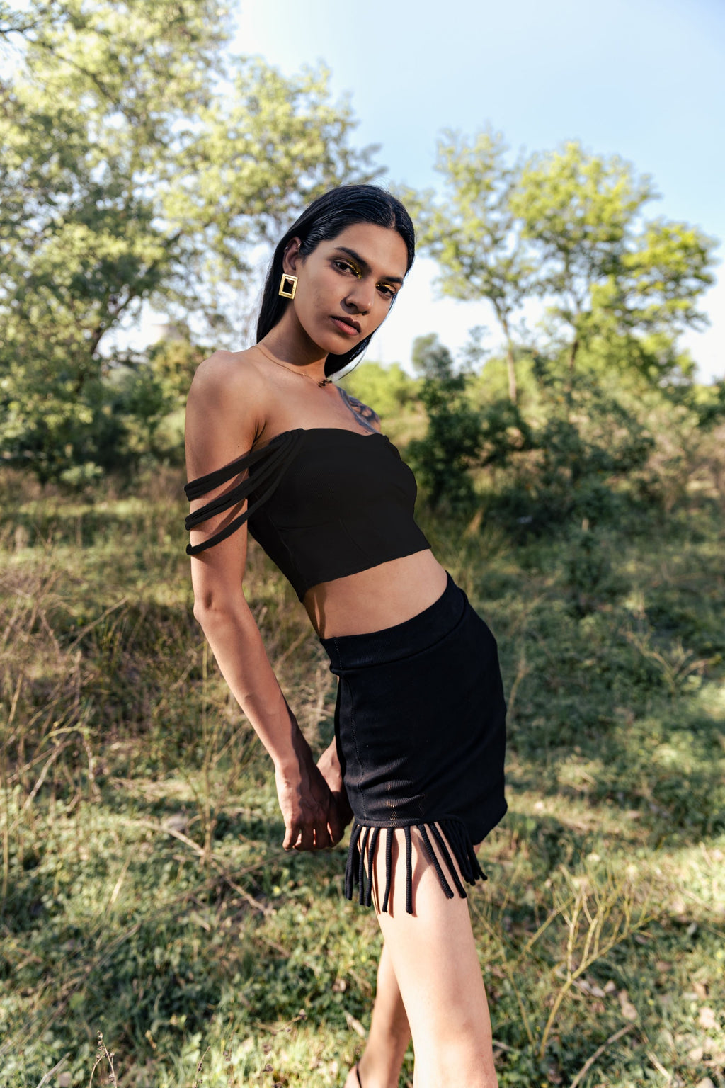 Black Crop Top at Kamakhyaa by Meko Studio. This item is Black, Cotton, Crop Tops, Deadstock Fabrics, Evening Wear, July Sale, July Sale 2023, Lycra, Off-shoulder Tops, Slim Fit, Solids, Verao SS-22/23, Womenswear