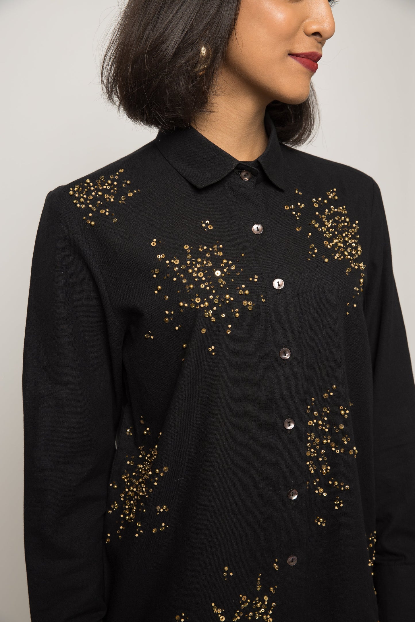 Black Embellished Cotton Shirt at Kamakhyaa by Anushé Pirani. This item is 100% pure cotton, Black, Embellished, Handwoven cotton, Party Wear, Shirts, The Festive Edit, Womenswear