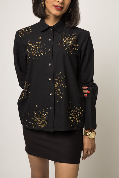 Black Embellished Cotton Shirt at Kamakhyaa by Anushé Pirani. This item is 100% pure cotton, Black, Embellished, Handwoven cotton, Party Wear, Shirts, The Festive Edit, Womenswear