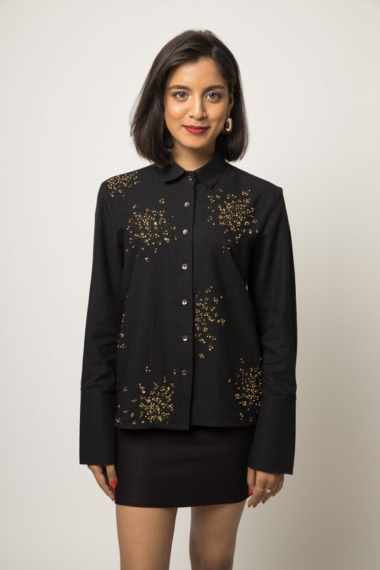Black Embellished Cotton Shirt at Kamakhyaa by Anushé Pirani. This item is 100% pure cotton, Black, Embellished, Handwoven cotton, Party Wear, Shirts, The Festive Edit, Womenswear