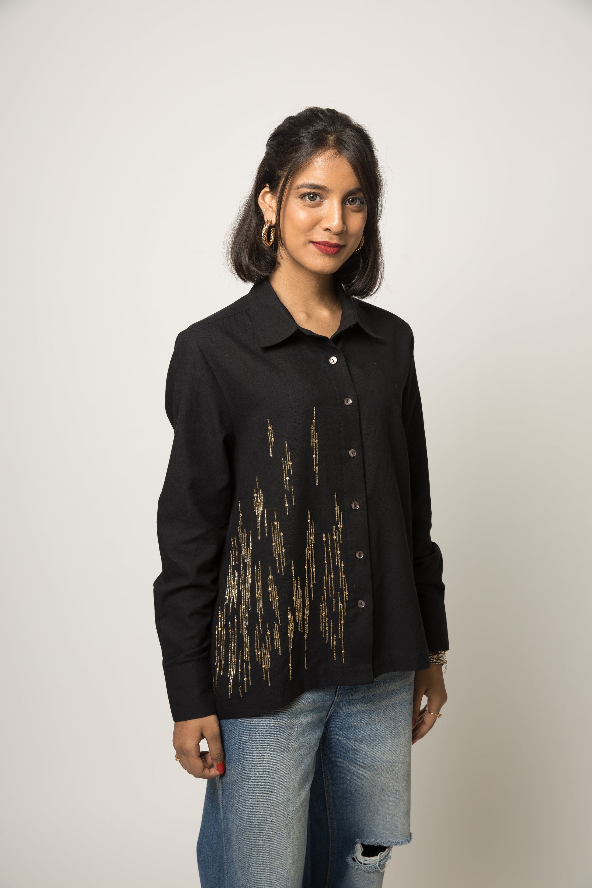 Black Embellished Shirt at Kamakhyaa by Anushé Pirani. This item is 100% pure cotton, Black, Embellished, Handwoven cotton, Party Wear, Shirts, The Festive Edit, Womenswear