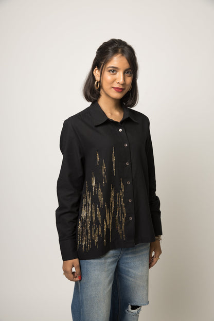 Black Embellished Shirt at Kamakhyaa by Anushé Pirani. This item is 100% pure cotton, Black, Embellished, Handwoven cotton, Party Wear, Shirts, The Festive Edit, Womenswear