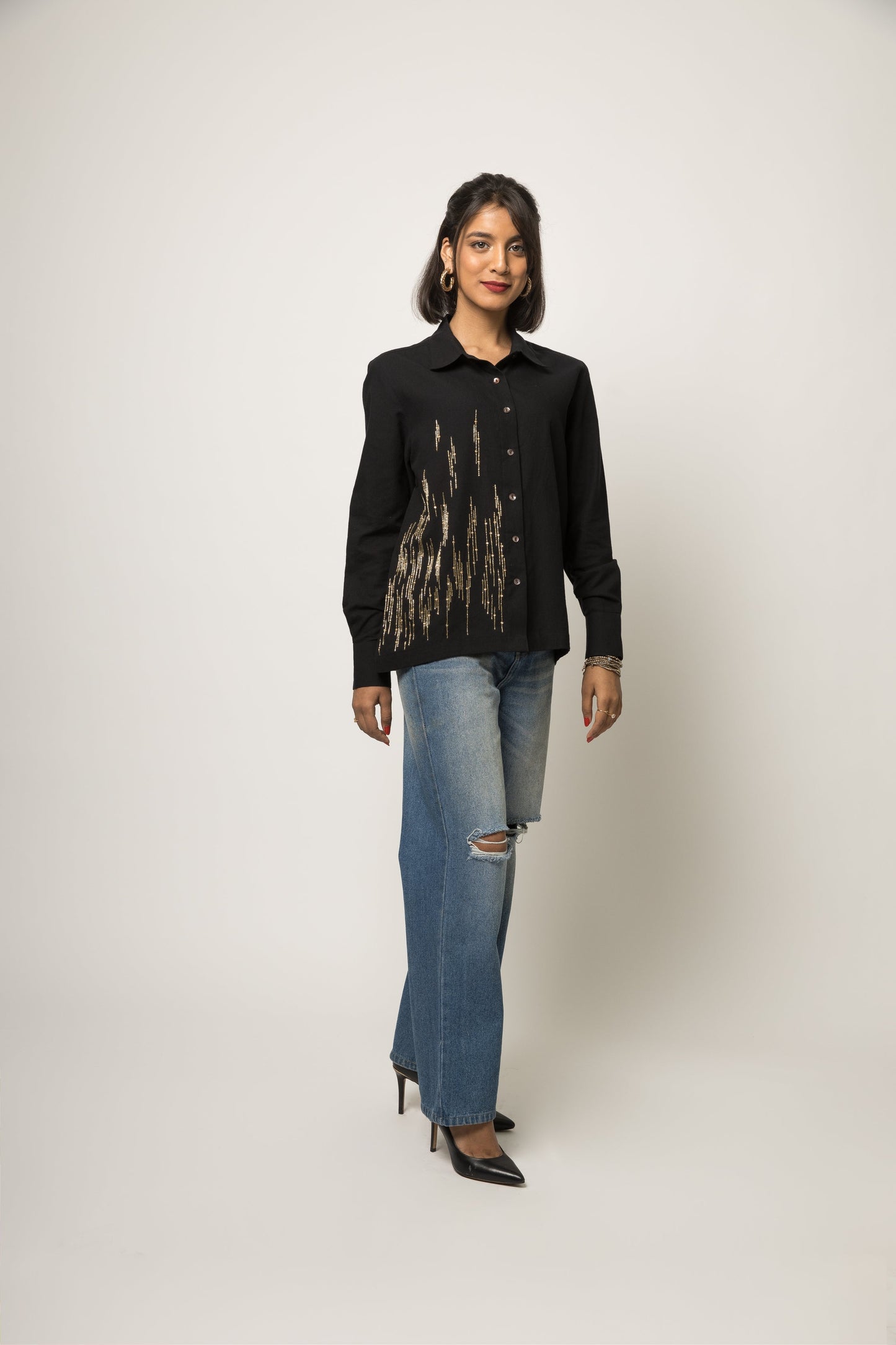 Black Embellished Shirt at Kamakhyaa by Anushé Pirani. This item is 100% pure cotton, Black, Embellished, Handwoven cotton, Party Wear, Shirts, The Festive Edit, Womenswear