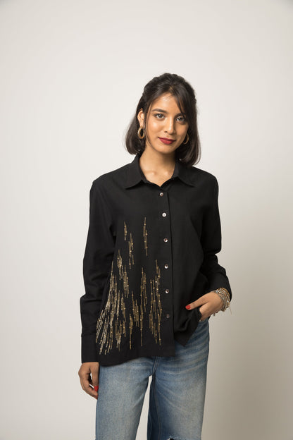 Black Embellished Shirt at Kamakhyaa by Anushé Pirani. This item is 100% pure cotton, Black, Embellished, Handwoven cotton, Party Wear, Shirts, The Festive Edit, Womenswear