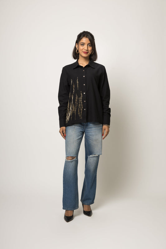 Black Embellished Shirt at Kamakhyaa by Anushé Pirani. This item is 100% pure cotton, Black, Embellished, Handwoven cotton, Party Wear, Shirts, The Festive Edit, Womenswear