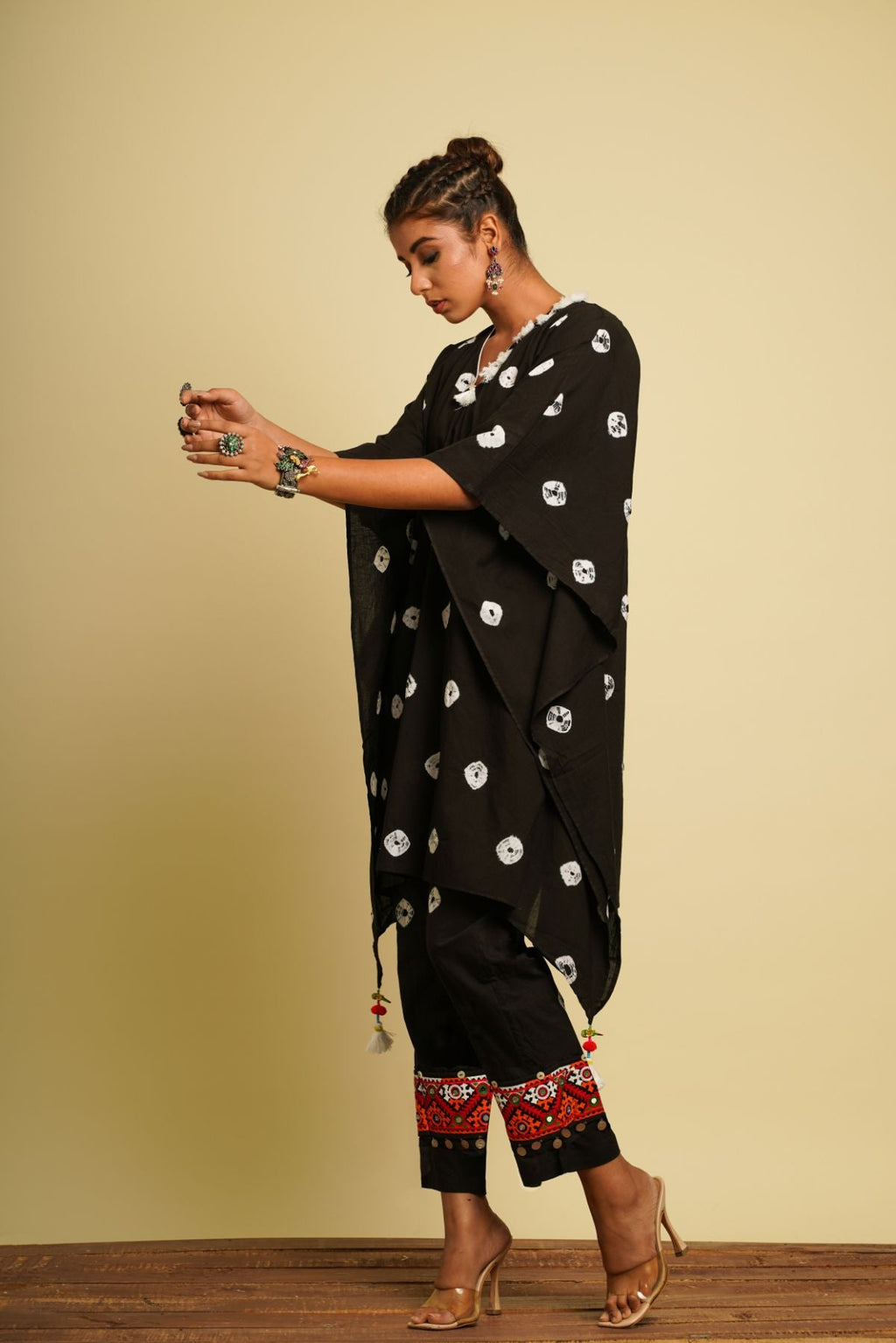 Black Embroidered Cotton Co-ord Set at Kamakhyaa by Keva. This item is 100% cotton, Black, Co-ord Sets, Fusion Wear, Kaftan Set, Natural, New, Ombre & Dyes, party, Party Wear Co-ords, Relaxed Fit, Saba, Womenswear