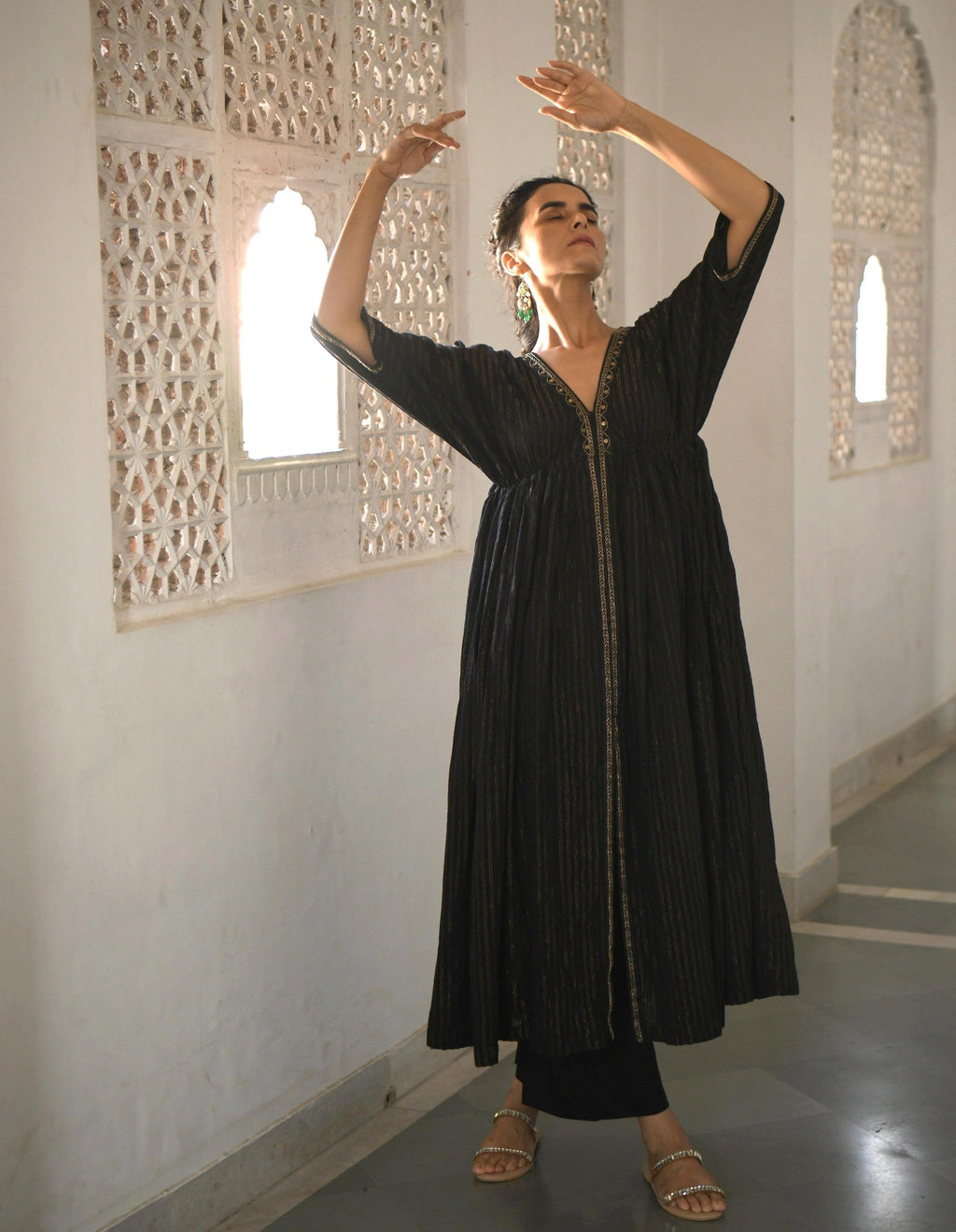 Black Embroidered Cotton Kaftan Set With Zari at Kamakhyaa by Taro. This item is Best Selling, Black, Co-ord Sets, Duplicate, Evening Wear, FB ADS JUNE, Handwoven Cotton, July Sale, July Sale 2023, Natural, party, Party Wear Co-ords, Regular Fit, Sitara Taro, Textured, Womenswear