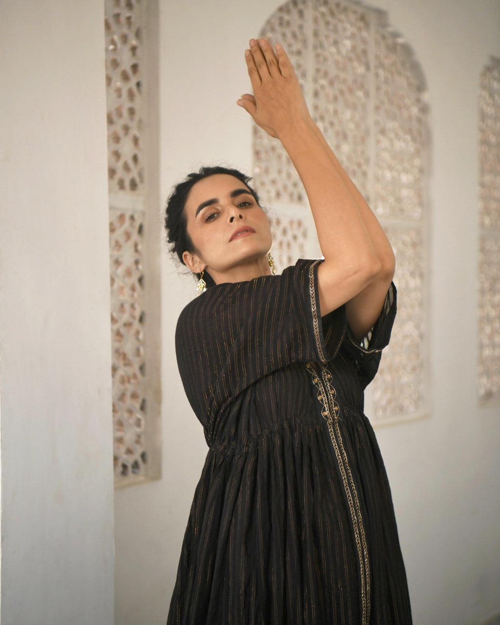 Black Embroidered Cotton Kaftan Set With Zari at Kamakhyaa by Taro. This item is Best Selling, Black, Co-ord Sets, Duplicate, Evening Wear, FB ADS JUNE, Handwoven Cotton, July Sale, July Sale 2023, Natural, party, Party Wear Co-ords, Regular Fit, Sitara Taro, Textured, Womenswear