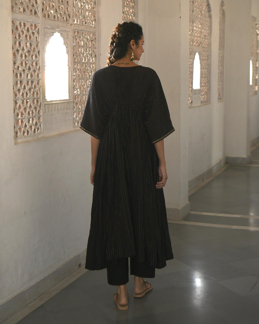 Black Embroidered Cotton Kaftan Set With Zari at Kamakhyaa by Taro. This item is Best Selling, Black, Co-ord Sets, Duplicate, Evening Wear, FB ADS JUNE, Handwoven Cotton, July Sale, July Sale 2023, Natural, party, Party Wear Co-ords, Regular Fit, Sitara Taro, Textured, Womenswear