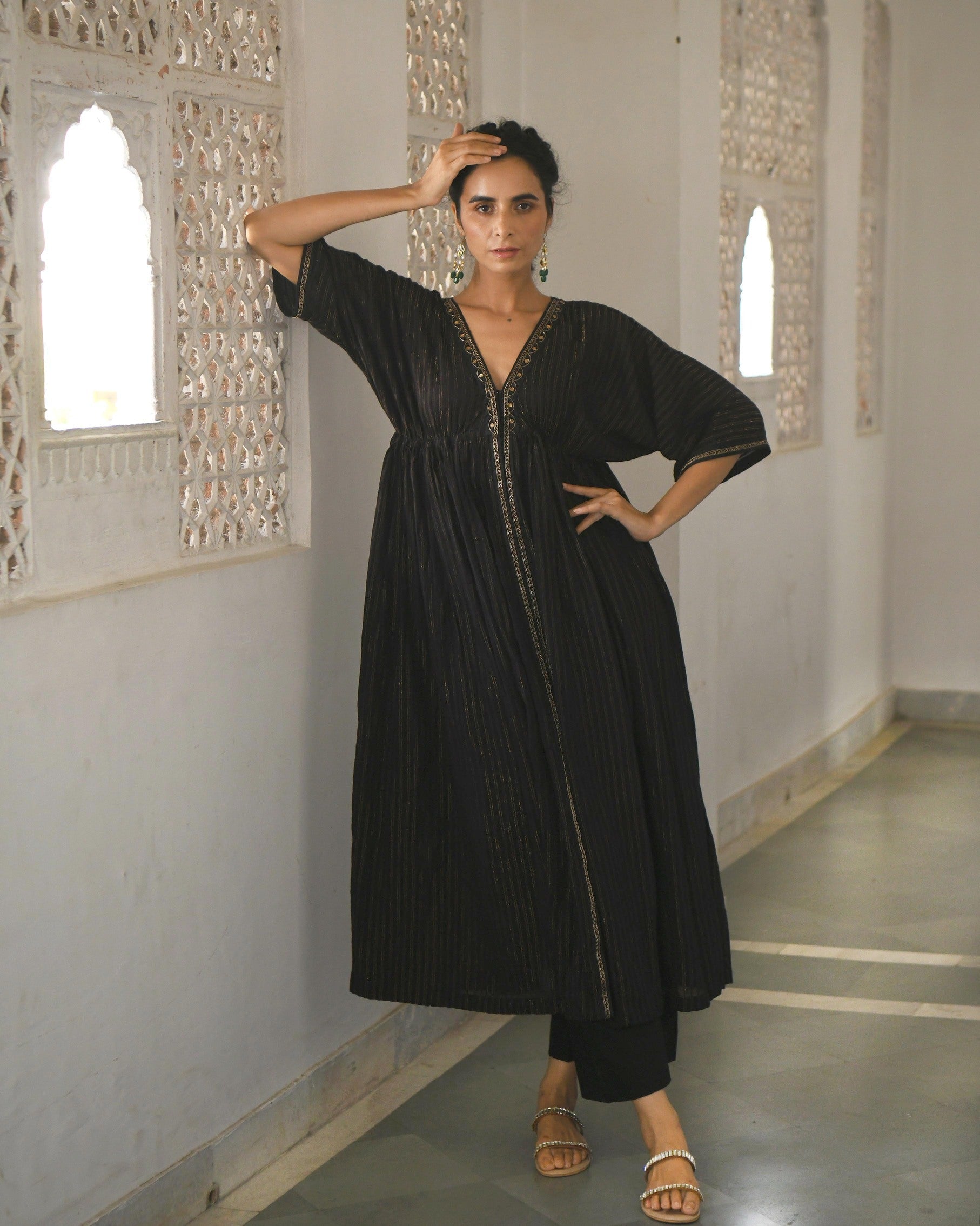 Black Embroidered Cotton Kaftan Set With Zari at Kamakhyaa by Taro. This item is Best Selling, Black, Co-ord Sets, Duplicate, Evening Wear, FB ADS JUNE, Handwoven Cotton, July Sale, July Sale 2023, Natural, party, Party Wear Co-ords, Regular Fit, Sitara Taro, Textured, Womenswear