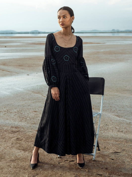 Black Embroidered Maxi Dress at Kamakhyaa by The Loom Art. This item is Black, For Daughter, Handwoven silk, July Sale, July Sale 2023, Maxi Dresses, Natural, Party Wear, Prints, Regular Fit, Serendipity, Womenswear