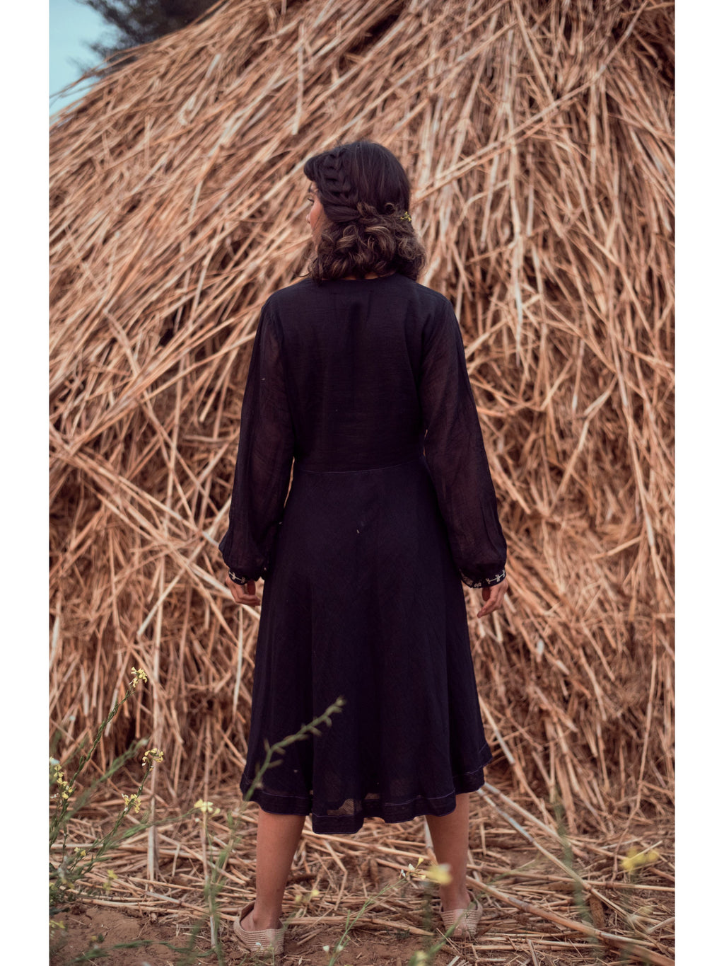 Black Embroidered Midi Dress at Kamakhyaa by The Loom Art. This item is Black, Handwoven Cotton, July Sale, July Sale 2023, Midi Dresses, Natural, Party Wear, Permanent Vacation, Prints, Regular Fit, Solids, Womenswear