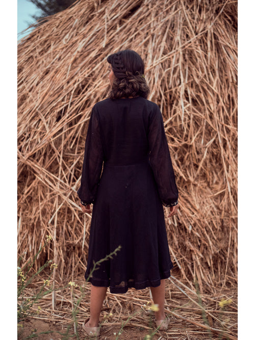 Black Embroidered Midi Dress at Kamakhyaa by The Loom Art. This item is Black, Handwoven Cotton, July Sale, July Sale 2023, Midi Dresses, Natural, Party Wear, Permanent Vacation, Prints, Regular Fit, Solids, Womenswear
