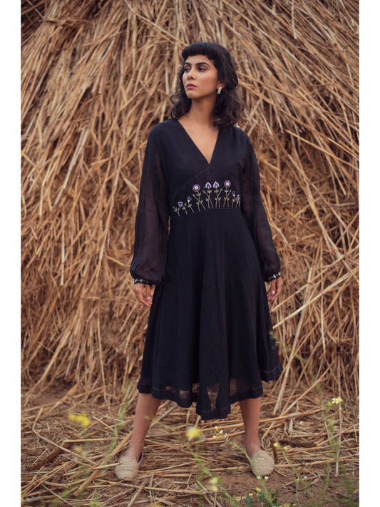Black Embroidered Midi Dress at Kamakhyaa by The Loom Art. This item is Black, Handwoven Cotton, July Sale, July Sale 2023, Midi Dresses, Natural, Party Wear, Permanent Vacation, Prints, Regular Fit, Solids, Womenswear