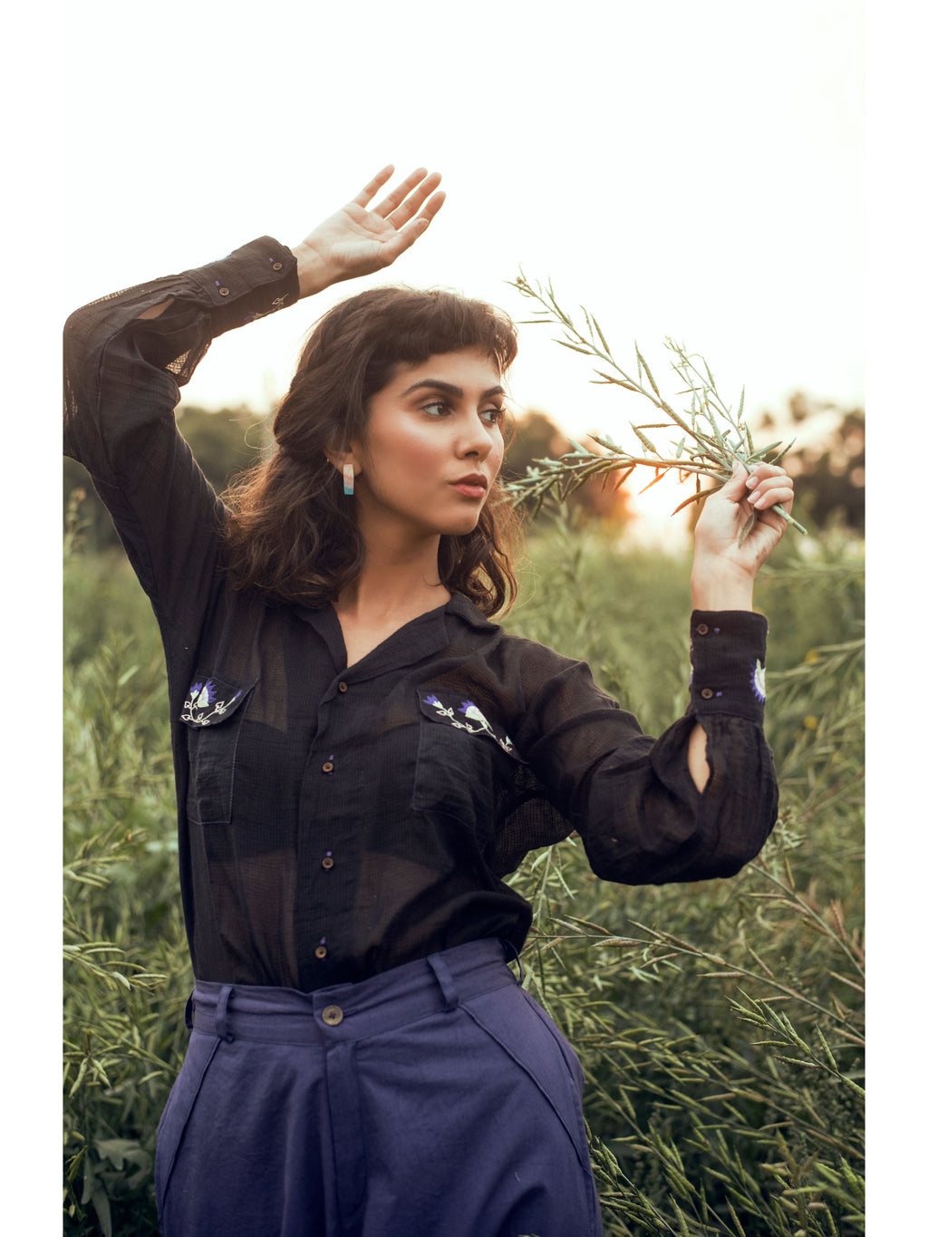 Black Embroidered Shirt at Kamakhyaa by The Loom Art. This item is Black, Embroidered, July Sale, July Sale 2023, Natural, Organic, Party Wear, Permanent Vacation, Regular Fit, Shirts, Solids, Tops, Womenswear