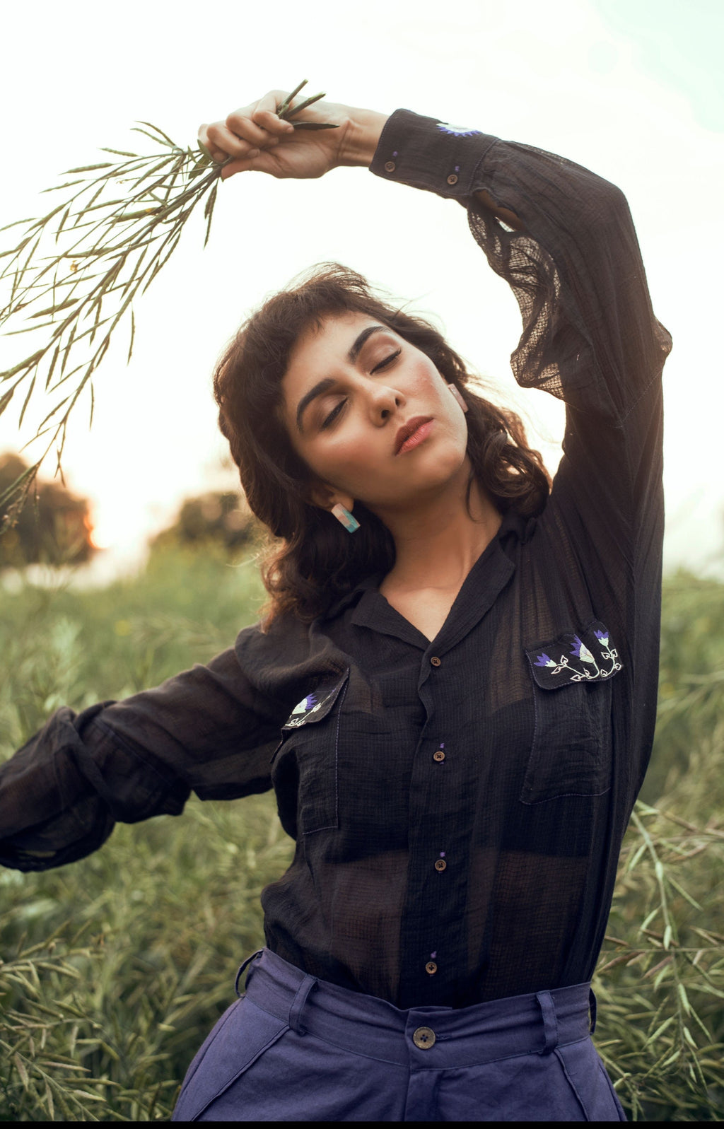 Black Embroidered Shirt at Kamakhyaa by The Loom Art. This item is Black, Embroidered, July Sale, July Sale 2023, Natural, Organic, Party Wear, Permanent Vacation, Regular Fit, Shirts, Solids, Tops, Womenswear