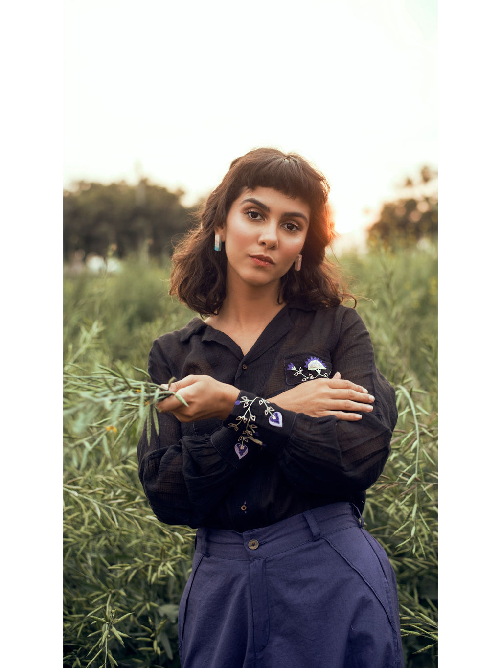 Black Embroidered Shirt at Kamakhyaa by The Loom Art. This item is Black, Embroidered, July Sale, July Sale 2023, Natural, Organic, Party Wear, Permanent Vacation, Regular Fit, Shirts, Solids, Tops, Womenswear