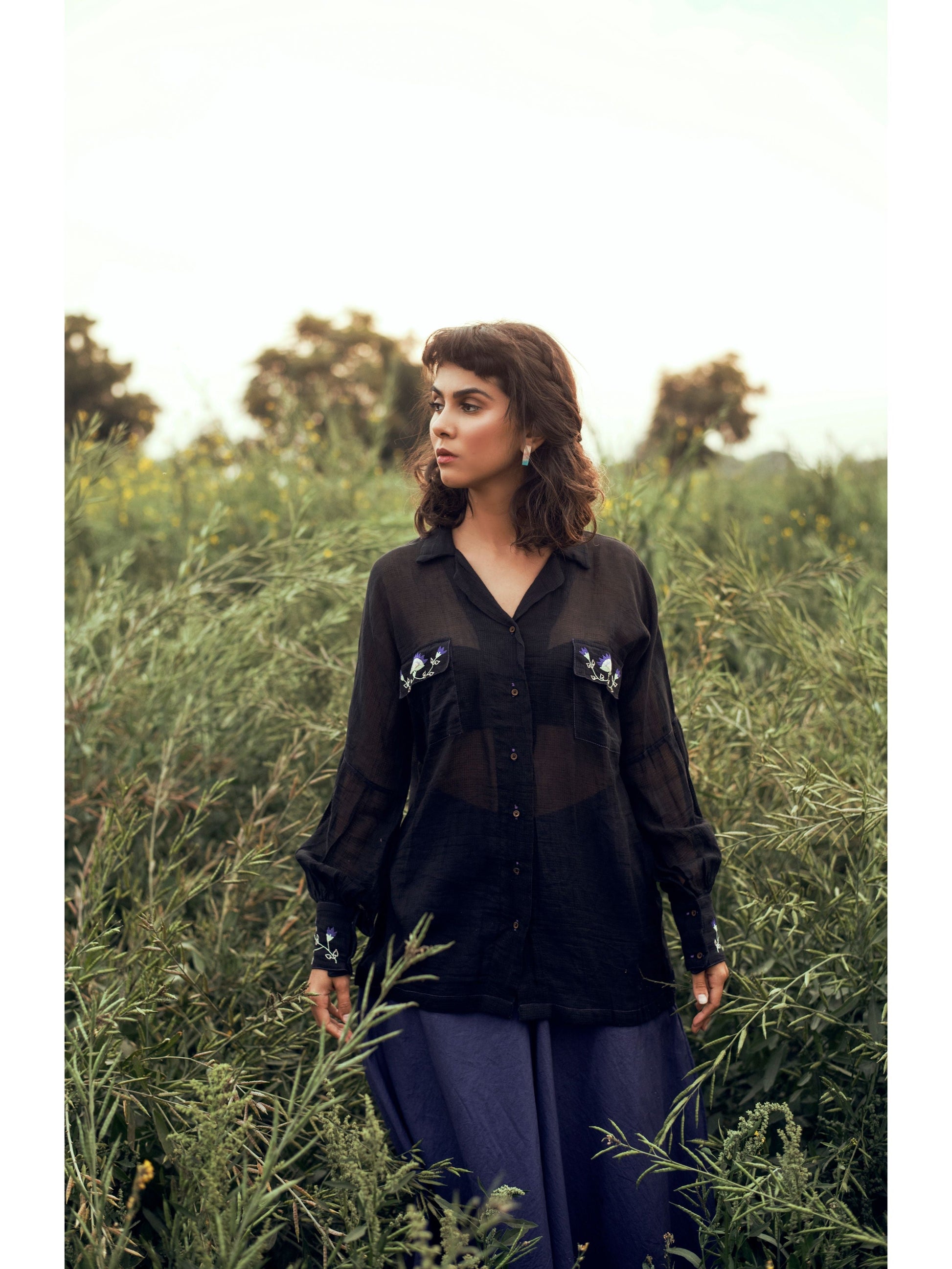 Black Embroidered Shirt at Kamakhyaa by The Loom Art. This item is Black, Embroidered, July Sale, July Sale 2023, Natural, Organic, Party Wear, Permanent Vacation, Regular Fit, Shirts, Solids, Tops, Womenswear