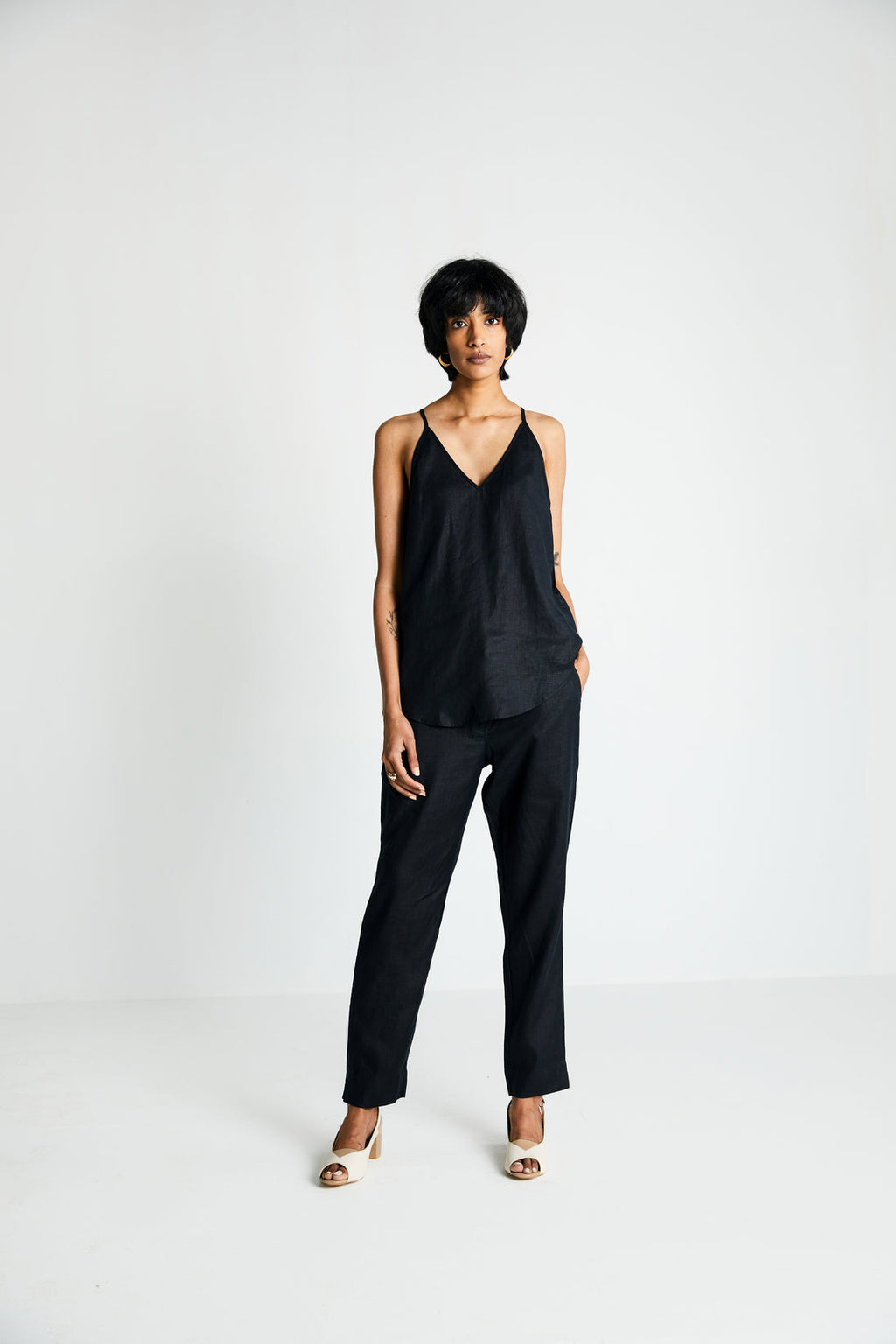 Black Endless Sunday Top at Kamakhyaa by Reistor. This item is Black, Hemp, Less than $50, Natural, Noir, Office Wear, Regular Fit, Solid Selfmade, Solids, Spaghettis, Tops, Womenswear