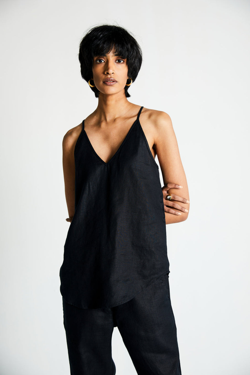 Black Endless Sunday Top at Kamakhyaa by Reistor. This item is Black, Hemp, Less than $50, Natural, Noir, Office Wear, Regular Fit, Solid Selfmade, Solids, Spaghettis, Tops, Womenswear