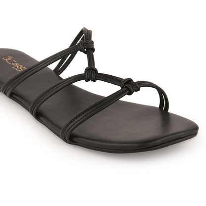 Black Flats with Straps at Kamakhyaa by EK_agga. This item is Black, Casual Wear, Flats, Less than $50, Open Toes, Party Wear, Patent leather, Solids, Vegan