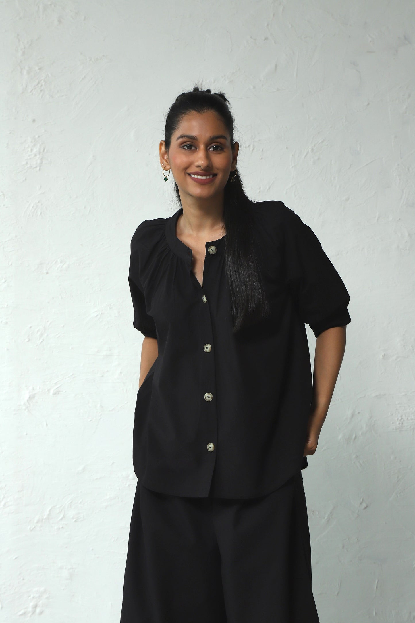 Black Gathered Top Pant Cotton Co-Ord Set at Kamakhyaa by Canoopi. This item is Black, Canoopi, Casual Wear, Complete Sets, Natural, Poplin, Regular Fit, Solids, Vacation Co-ords, Womenswear