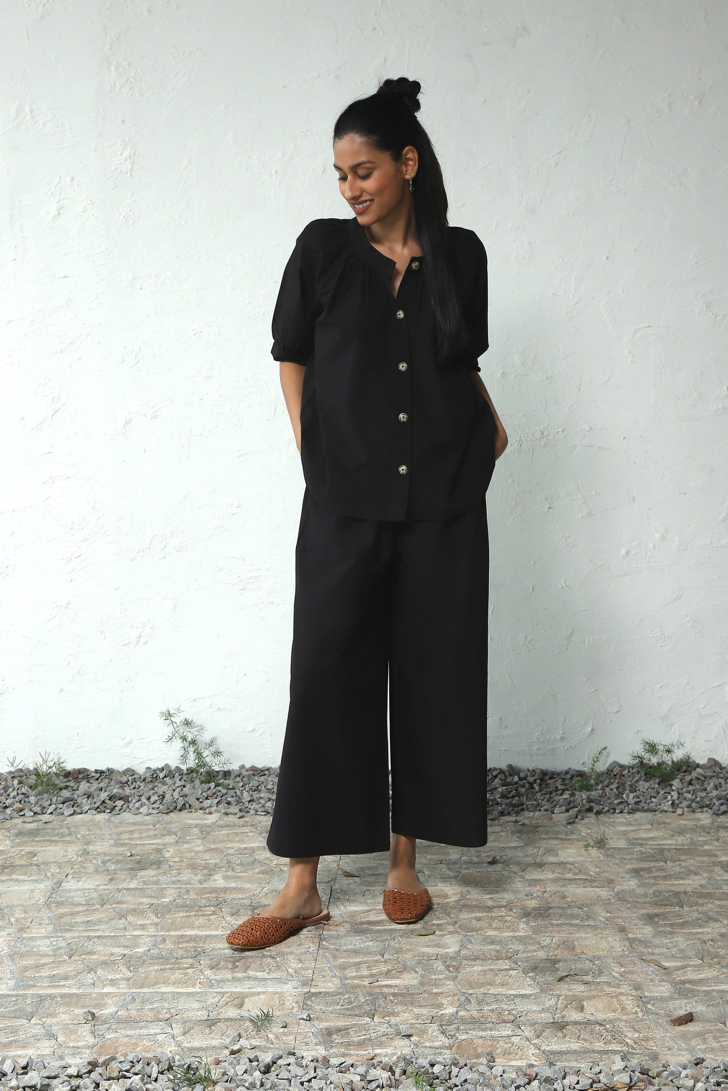 Black Gathered Top Pant Cotton Co-Ord Set at Kamakhyaa by Canoopi. This item is Black, Canoopi, Casual Wear, Complete Sets, Natural, Poplin, Regular Fit, Solids, Vacation Co-ords, Womenswear