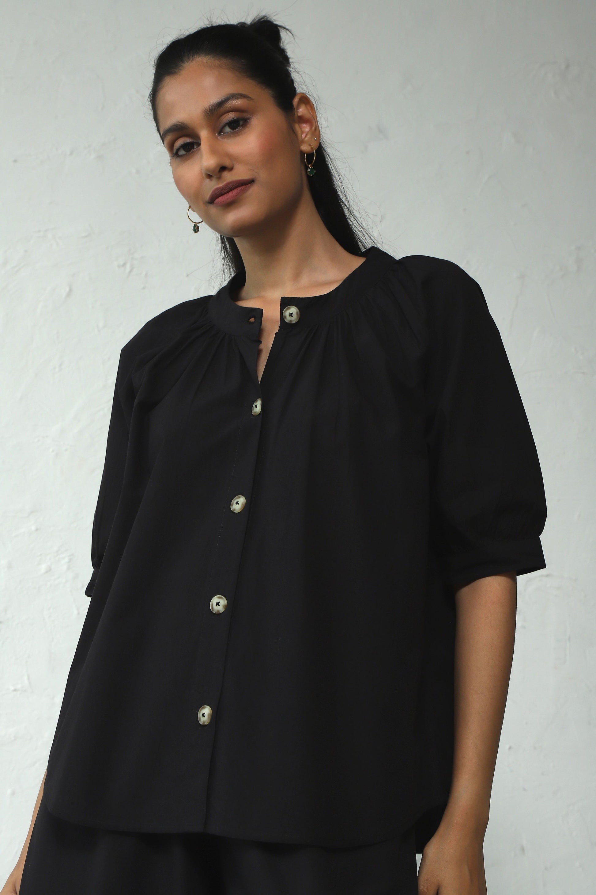 Black Gathered Top Pant Cotton Co-Ord Set at Kamakhyaa by Canoopi. This item is Black, Canoopi, Casual Wear, Complete Sets, Natural, Poplin, Regular Fit, Solids, Vacation Co-ords, Womenswear
