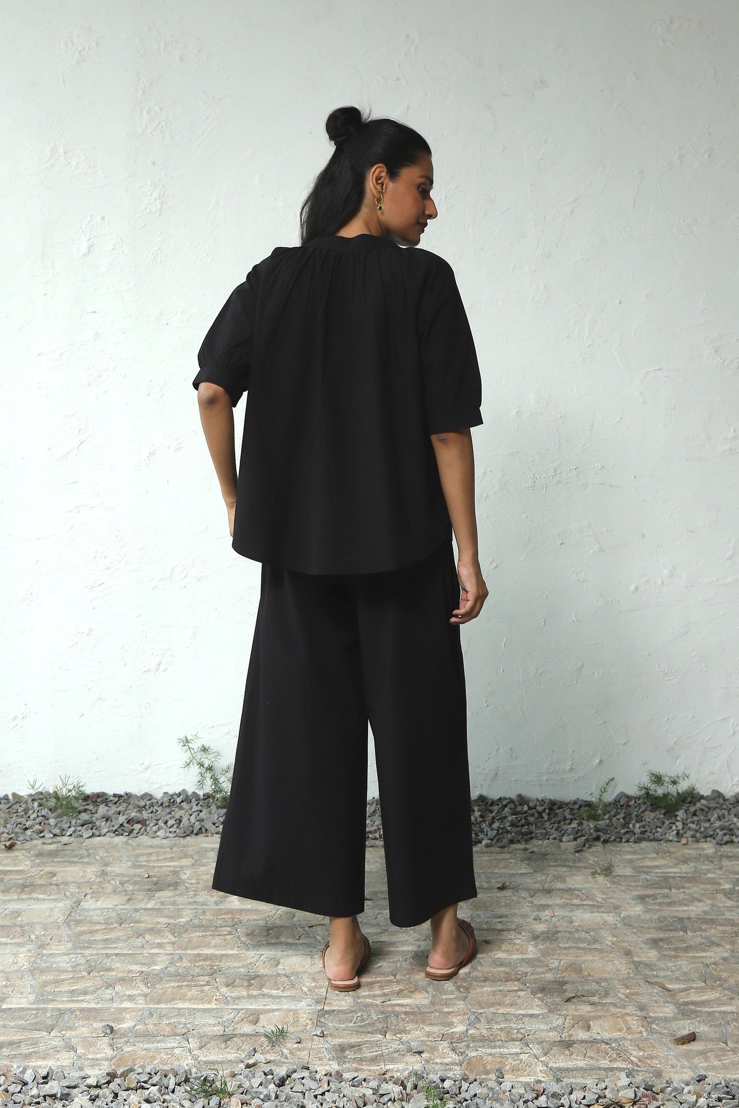 Black Gathered Top Pant Cotton Co-Ord Set at Kamakhyaa by Canoopi. This item is Black, Canoopi, Casual Wear, Complete Sets, Natural, Poplin, Regular Fit, Solids, Vacation Co-ords, Womenswear