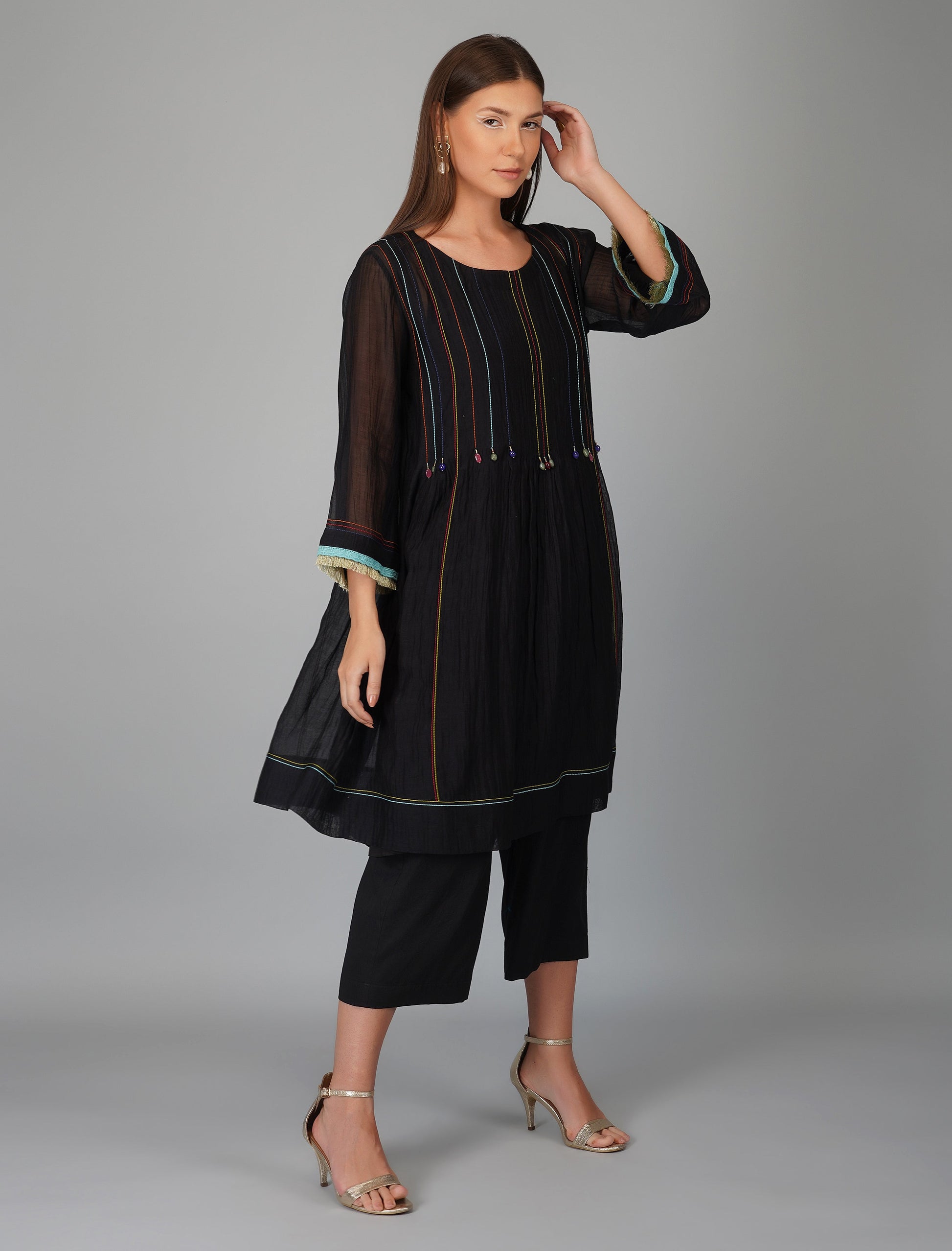 Black Hand Embroidered Chanderi Co-ord Set at Kamakhyaa by Devyani Mehrotra. This item is Black, Chanderi Silk, Co-ord Sets, Cotton, Embroidered, Evening Wear, Natural, Pre Spring 2023, Regular Fit, Solids, Travel Co-ords, Womenswear
