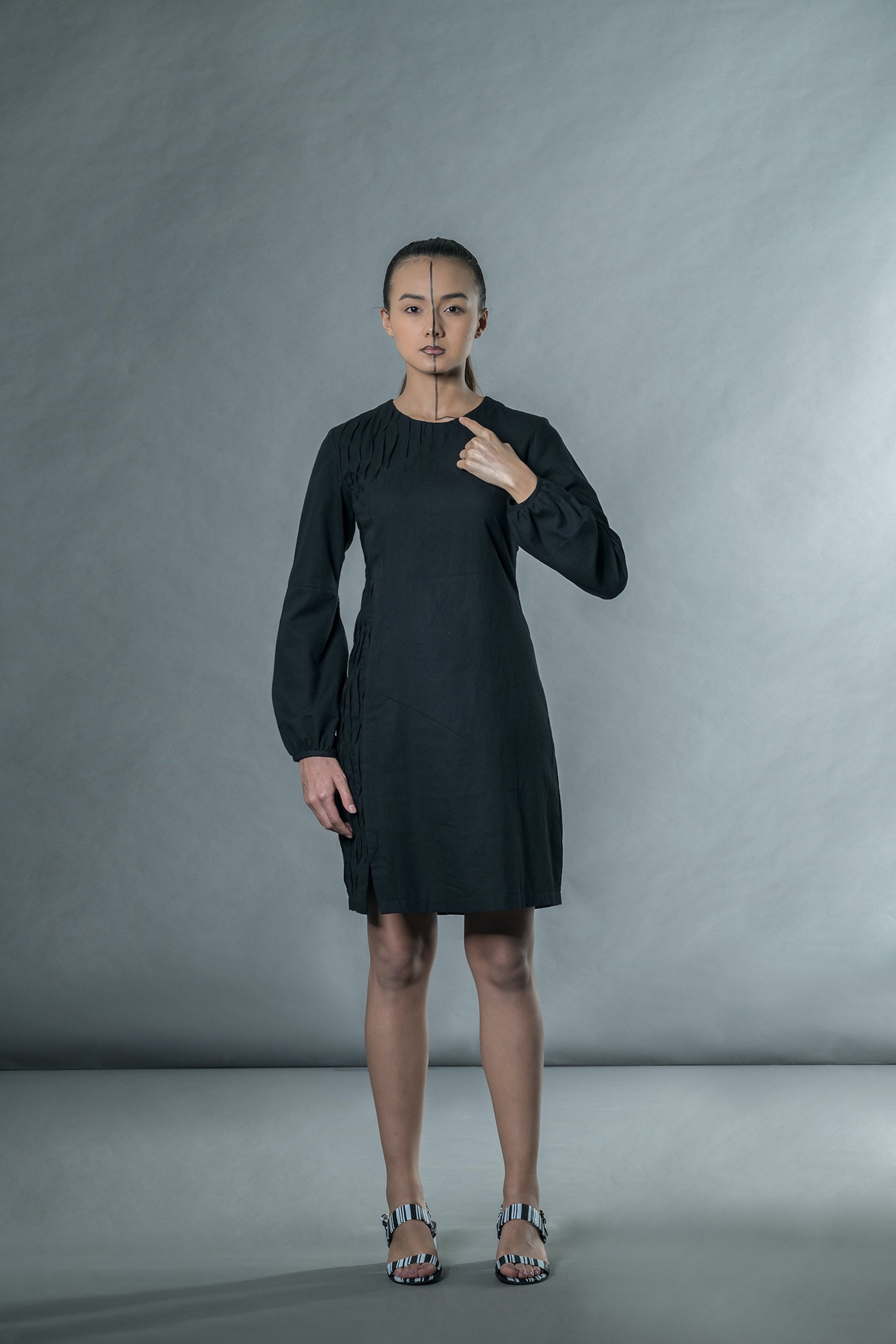 Black Long Puff Sleeves Mini Dress at Kamakhyaa by Anushé Pirani. This item is Black, Handwoven Cotton, July Sale, July Sale 2023, Mini Dresses, Natural, Office Wear, Regular Fit, sale anushe pirani, Solids, The Line Tales, Womenswear