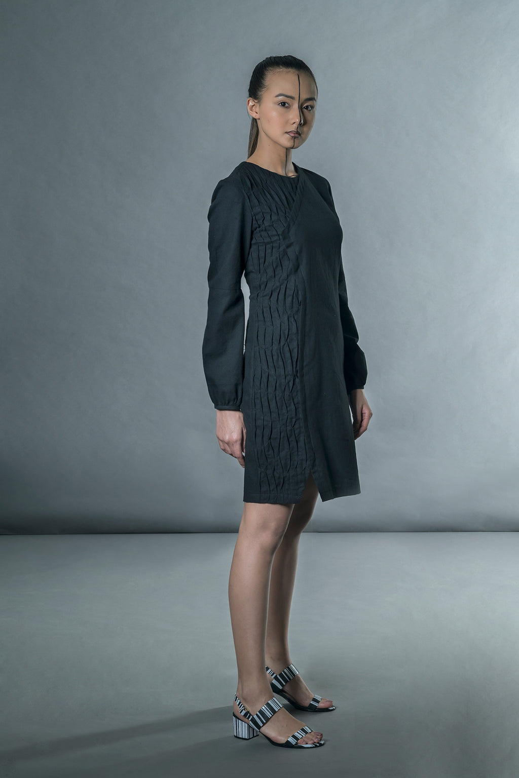 Black Long Puff Sleeves Mini Dress at Kamakhyaa by Anushé Pirani. This item is Black, Handwoven Cotton, July Sale, July Sale 2023, Mini Dresses, Natural, Office Wear, Regular Fit, sale anushe pirani, Solids, The Line Tales, Womenswear