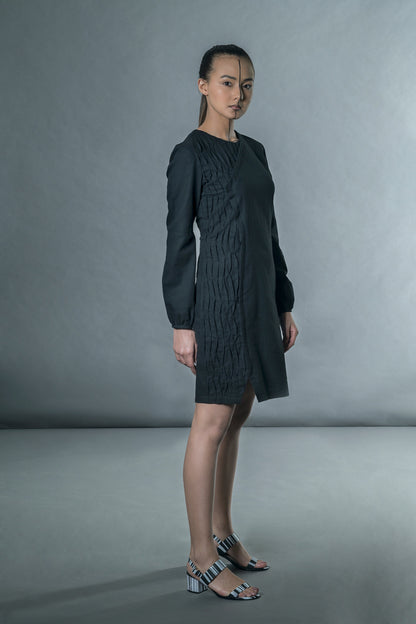 Black Long Puff Sleeves Mini Dress at Kamakhyaa by Anushé Pirani. This item is Black, Handwoven Cotton, July Sale, July Sale 2023, Mini Dresses, Natural, Office Wear, Regular Fit, sale anushe pirani, Solids, The Line Tales, Womenswear