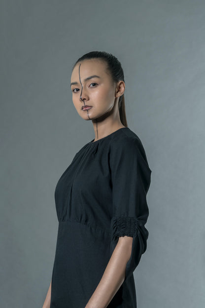 Black Midi Dress at Kamakhyaa by Anushé Pirani. This item is Black, Handwoven Cotton, July Sale, July Sale 2023, Midi Dresses, Natural, Office Wear, Regular Fit, sale anushe pirani, Short Dresses, Solids, The Line Tales, Womenswear