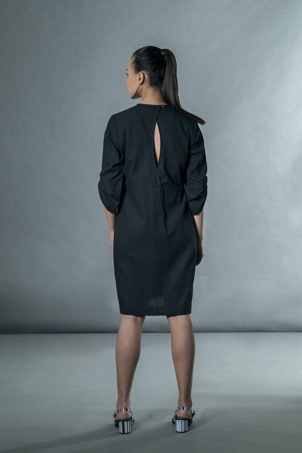 Black Midi Dress at Kamakhyaa by Anushé Pirani. This item is Black, Handwoven Cotton, July Sale, July Sale 2023, Midi Dresses, Natural, Office Wear, Regular Fit, sale anushe pirani, Short Dresses, Solids, The Line Tales, Womenswear