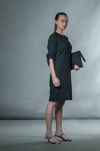 Black Midi Dress at Kamakhyaa by Anushé Pirani. This item is Black, Handwoven Cotton, July Sale, July Sale 2023, Midi Dresses, Natural, Office Wear, Regular Fit, sale anushe pirani, Short Dresses, Solids, The Line Tales, Womenswear