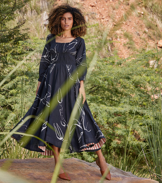 Black Midi Dress at Kamakhyaa by Khara Kapas. This item is 100% Cotton, Black, Casual Wear, Midi Dresses, Organic, Prints, Regular Fit, Under The Autumn Moon A/W 2022, Womenswear