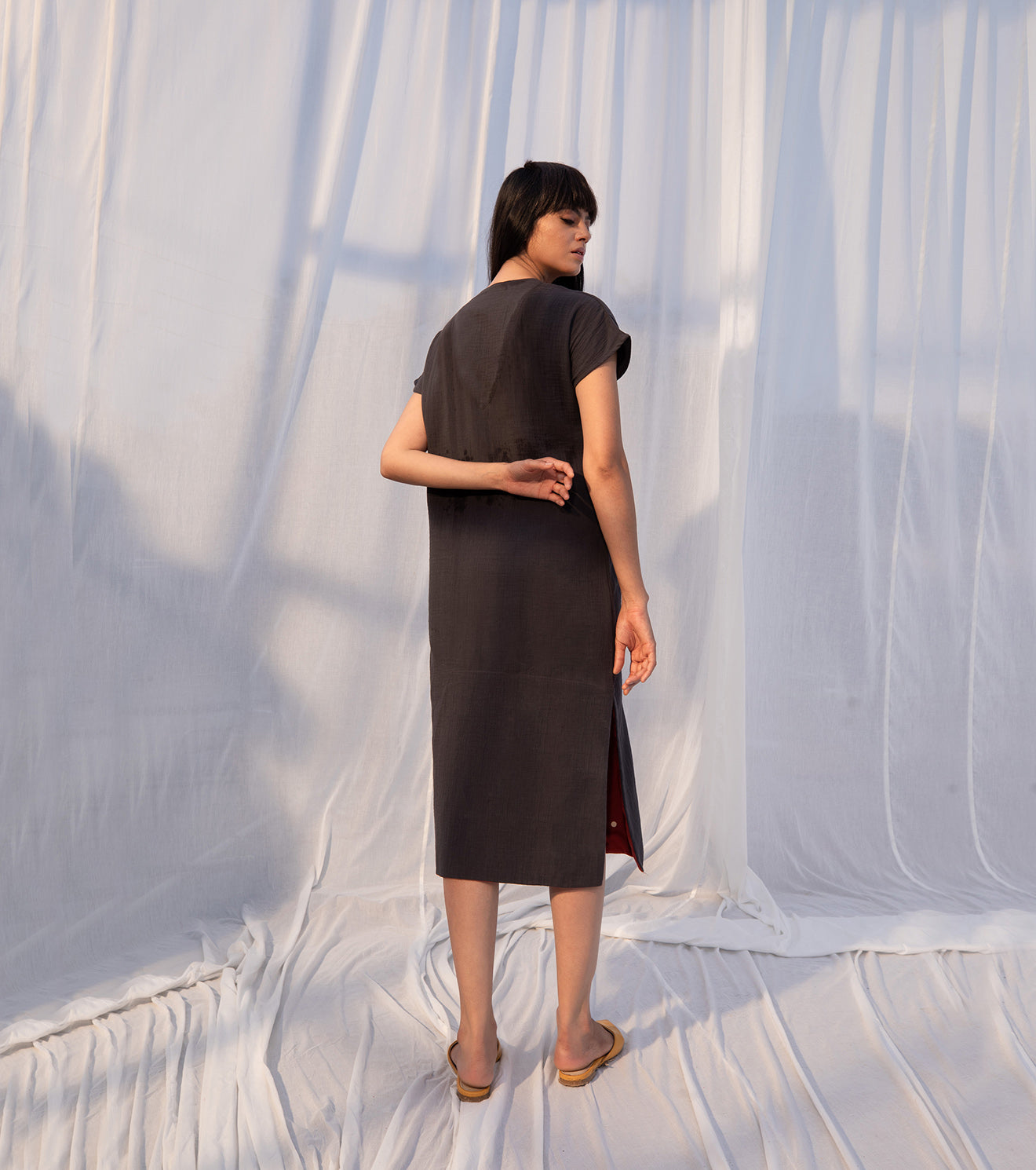 Black Midi Dress at Kamakhyaa by Khara Kapas. This item is Black, Cotton Khadi, Evening Wear, Midi Dresses, Natural, Regular Fit, Sienna KK, Solids, Womenswear