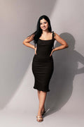 Black Midi Dress at Kamakhyaa by Meko Studio. This item is Black, Cotton, Deadstock Fabrics, Evening Wear, July Sale, July Sale 2023, Lycra, Reroot AW-21/22, Sleeveless Dresses, Slim Fit, Solids, Strap Dresses, Womenswear
