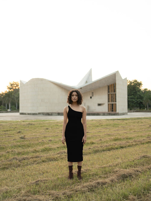 Black Midi Dress at Kamakhyaa by Meko Studio. This item is Black, Cotton, Evening Wear, July Sale, July Sale 2023, Midi Dresses, One Shoulder Dresses, Slim Fit, Solids, Tranquil AW-22/23, Womenswear