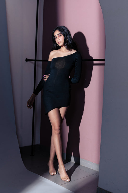 Black Mini Dress at Kamakhyaa by Meko Studio. This item is Black, Deadstock Fabrics, Evening Wear, For Birthday, For Her, July Sale, July Sale 2023, Mini Dresses, One Shoulder Dresses, Reroot AW-21/22, Slim Fit, Solid Selfmade, Solids, Womenswear