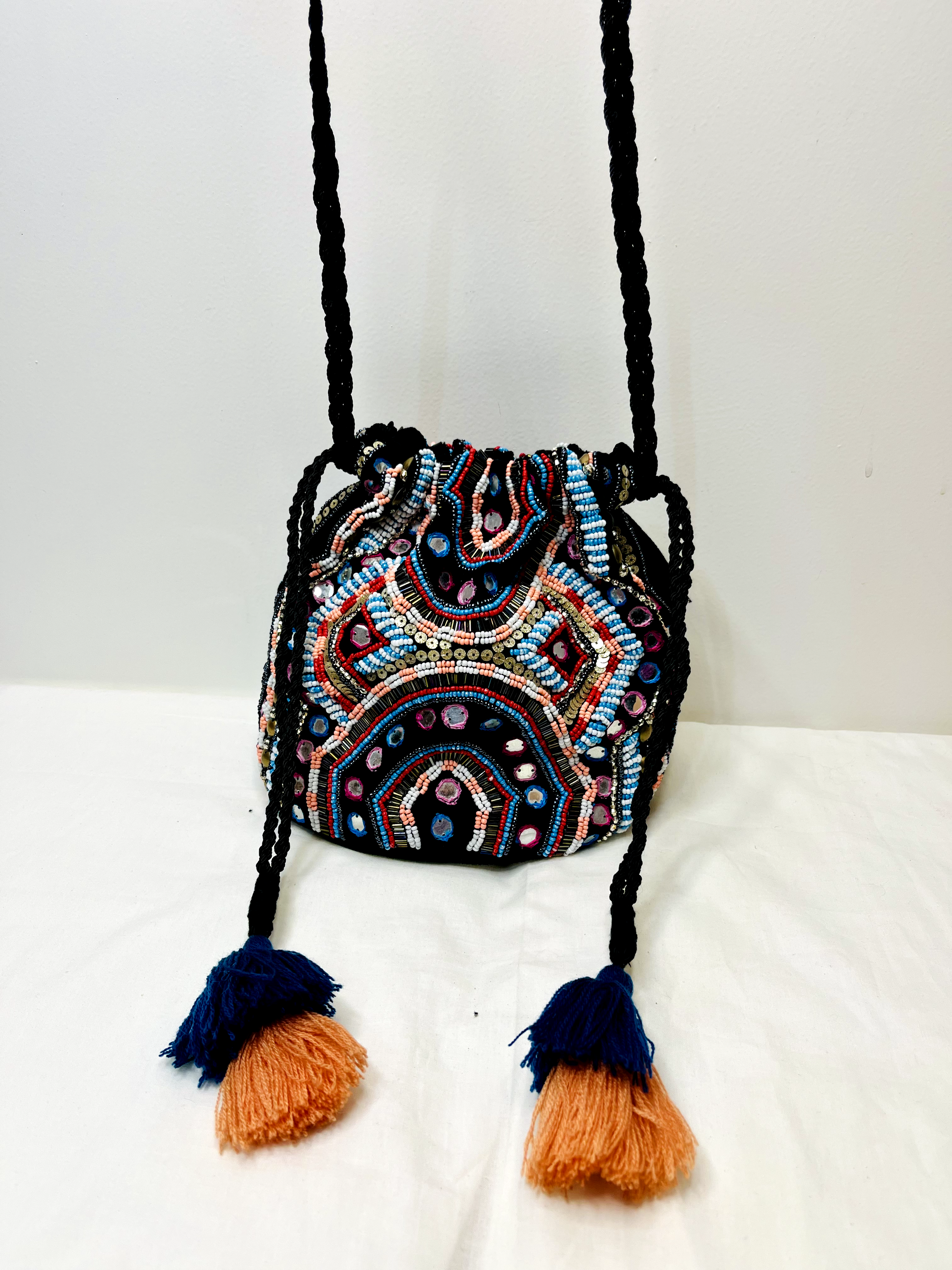 Black Mirror Potli Bag at Kamakhyaa by Pre Loved. This item is Bags, Casual Wear, For Mother, Mirror Work, Multicolor, Natural, Potli Bags